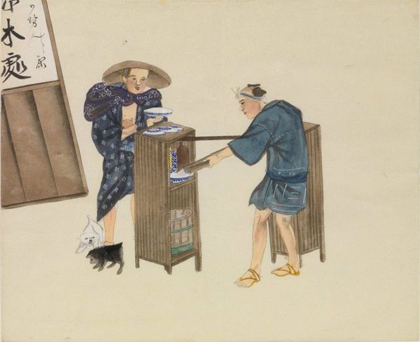 Dieci piccoli acquerelli giapponesi su carta di                             riso(10)  - Asta Antiquariato, Orientale, Gioielli e  Argenti - Poggio Bracciolini Casa d'Aste