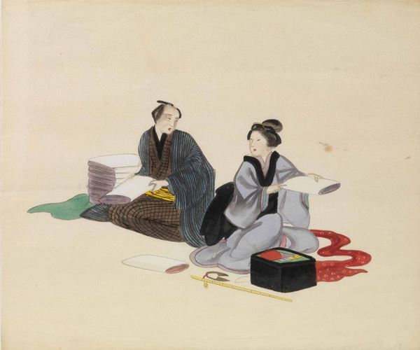 Dieci piccoli acquerelli giapponesi su carta di                             riso                                                                       (10)  - Asta Antiquariato, Orientale, Gioielli e  Argenti - Poggio Bracciolini Casa d'Aste