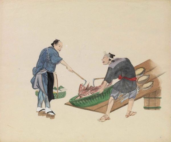 Dieci piccoli acquerelli giapponesi su carta di                             riso                                         (10)  - Asta Antiquariato, Orientale, Gioielli e  Argenti - Poggio Bracciolini Casa d'Aste