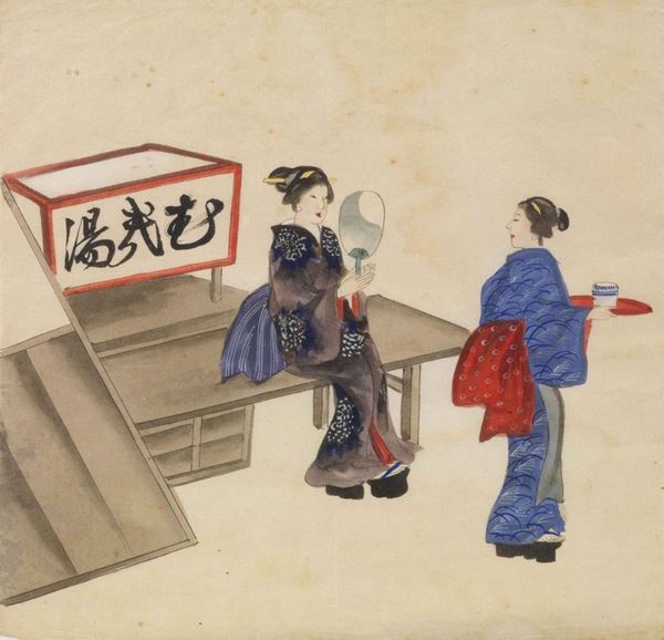 Nove piccoli acquerelli giapponesi su carta di                              riso                                                                       (9)  - Asta Antiquariato, Orientale, Gioielli e  Argenti - Poggio Bracciolini Casa d'Aste