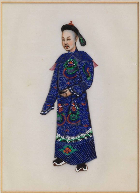 Dipinto su carta di riso, Cina, seconda metÃ  XIX secolo, scuola di Canton,  realizzato a vivace policromia e raffigurante una dama assisa su sedia in   legno e vestita con abito ufficiale di corte                               Dipinto su carta di riso, Cina, seconda metÃ  XIX secolo, scuola di Canton,  realizzato a vivace policromia e raffigurante un funzionario imperiale      civile in abito di corte                                                   (2)
