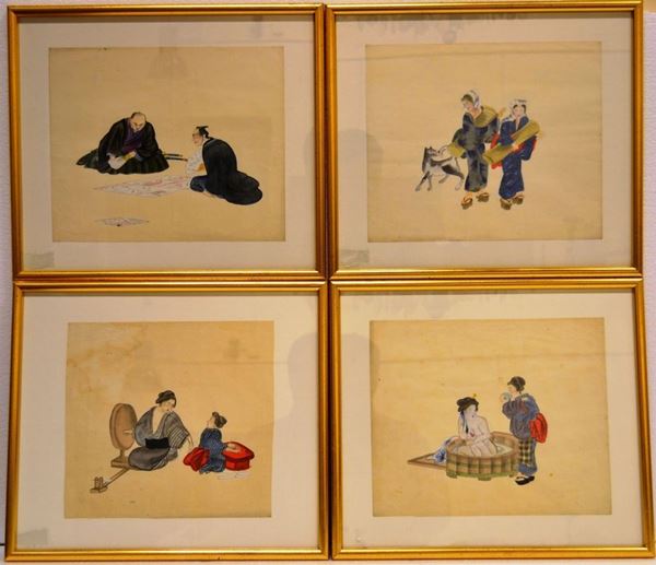 Dieci piccoli acquerelli giapponesi su carta di                             riso                         (10)  - Asta Antiquariato, Orientale, Gioielli e  Argenti - Poggio Bracciolini Casa d'Aste
