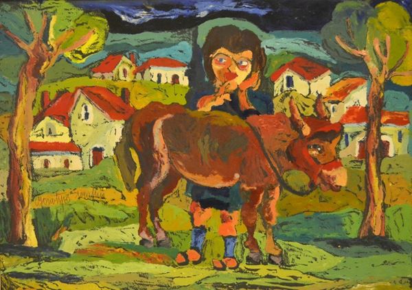 Giuseppe Serafini ( Montelupo Fiorentino 1915-1987 )  PAESAGGIO CON FIGURE  olio su cartone, cm 50x70