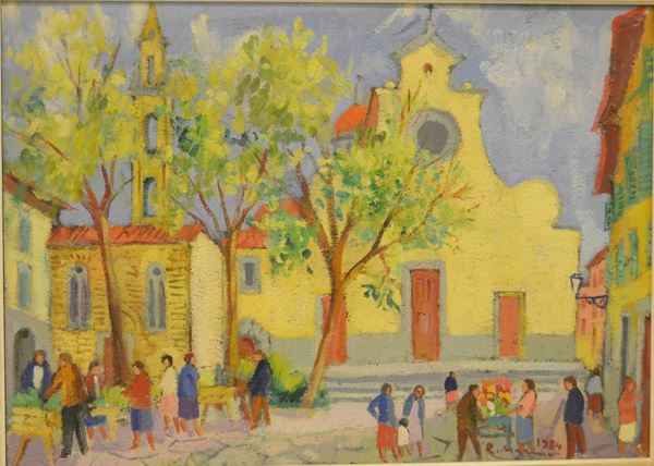 Rodolfo Marma ( Firenze 1923-1999 )  PRIMAVERA IN PIAZZA SANTO SPIRITO  olio su masolite, cm 50x70 datato 1984
