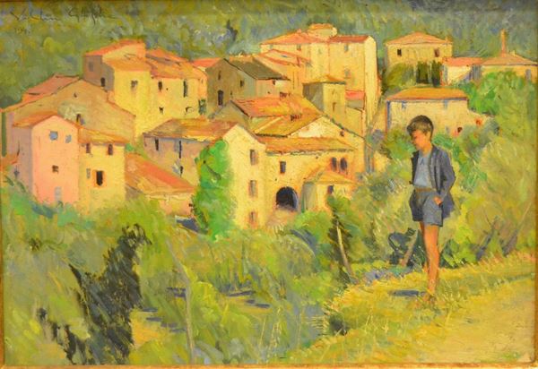 Valentino Ghiglia ( Firenze 1903-1960 )  PAESE CON FIGURA  olio su cartone, cm 34x50