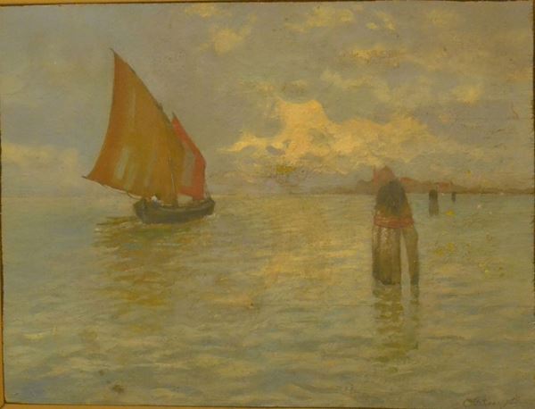 Carlo Passigli ( Firenze 1881-1953 )  MARINA CON BARCHE  olio su compensato,  cm 27x36  sul retro altro dipinto con paesaggio