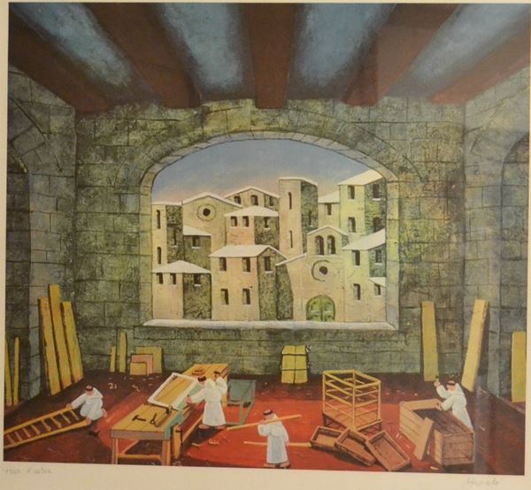 Norberto Proietti ( Spello 1927-2009 )  LA FALEGNAMERIA  cm 61x86     prove di artista