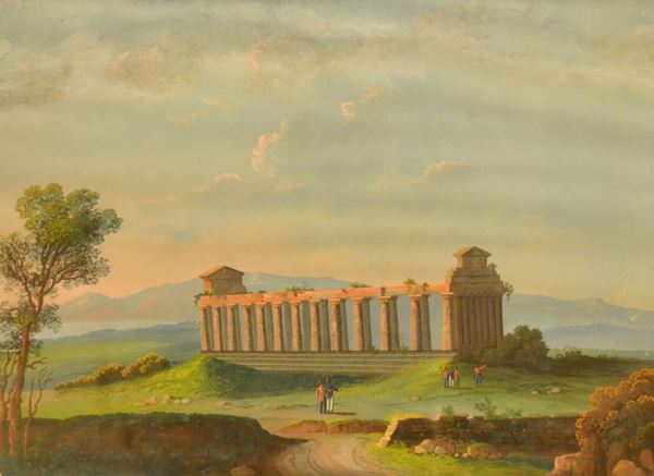Scuola Napoletana, sec XIX   ROVINE DI UN TEMPIO  gouache su carta, cm 36,5x48,5