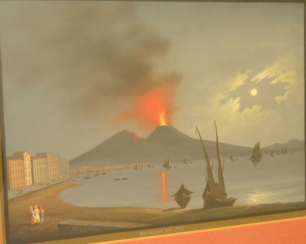 Scuola Napoletana,sec. XIX  VEDUTA DEL VESUVIO  gouache su carta, cm 33x45   inscritto ERUZIONE DEL 1835