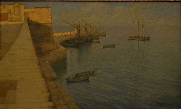 Scuola Italiana, sec XIX  PORTICCIOLO CON BARCHE  olio su masolite, cm 36x60