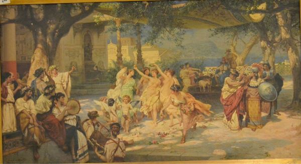 Scuola Italiana, sec XIX  SCENA ALLEGORICA  olio su tela, cm 150x80 firma illeggibile