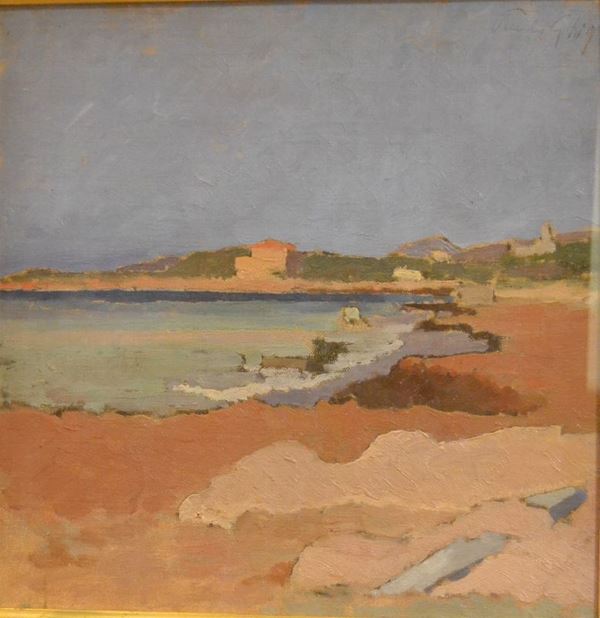 Paulo Ghiglia ( Firenze 1905-1979 )  SCOGLIERA  olio su cartone, cm 30x30