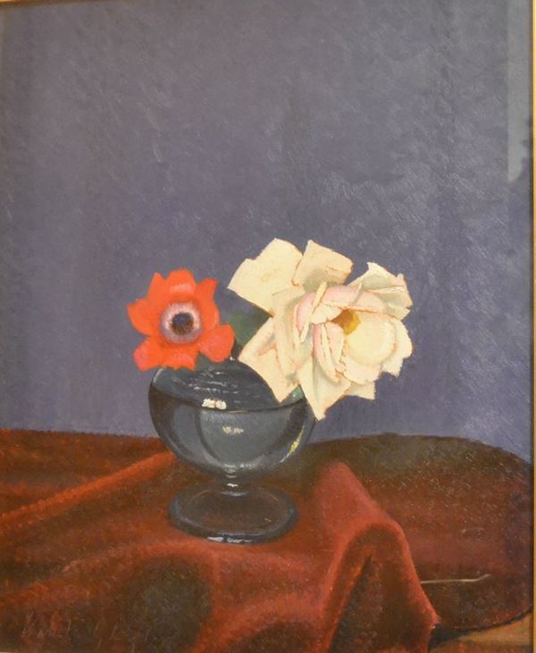 Valentino Ghiglia ( Firenze 1903-1960 )  VASETTO CON FIORI<br<olio su cartone, cm 57x47   334   400 â‚¬