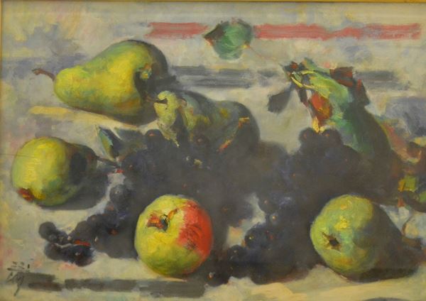 Corrado Michelozzi ( Livorno 1883-1965 )  NATURA MORTA  olio su tavoletta, cm 49x34