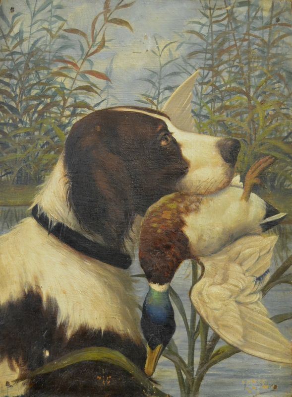 Scuola Italiana, sec. XX  CANE DA CACCIA CON ANATRE  olio su tavoletta, cm 40,5x55