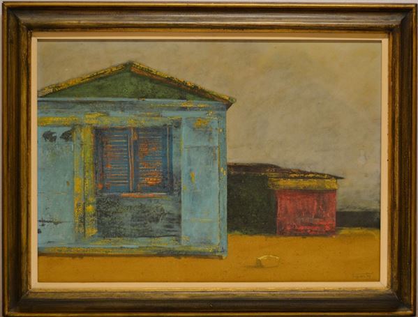 Piero Mosti (Massa 1941)   LA PARTACCIA   tempera su compensato, cm 52,5x74      firmato                                                                     sul retro: firmato e titolato