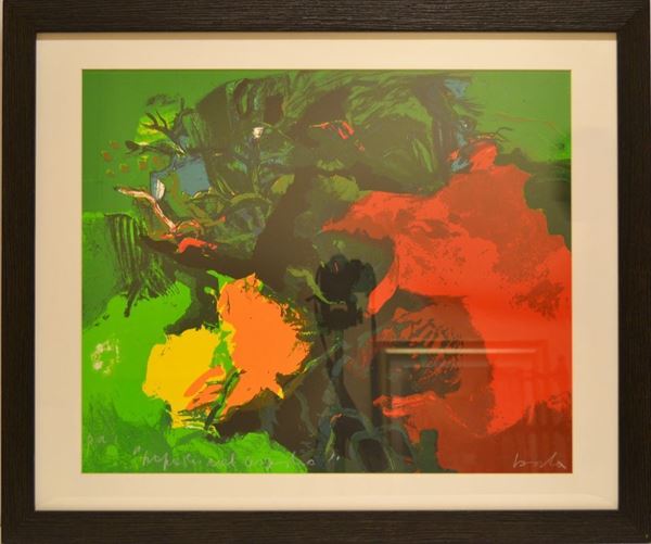 Gianni Borta  (Udine 1941) PAPAVERO NEL CESPUGLIO                                    serigrafia a colori, cm 50x60; es. p.a.                                      firmata e titolata                                                          sul retro: firmata e titolata