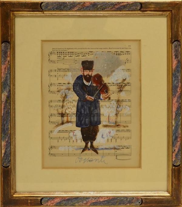 Antonio Possenti    (Lucca 1933) IL SUONATORE DI VIOLINO  tempera su spartito musicale, cm 29x22   firmato                                                                                                                                                 Provenienza:                                                                Galleria Susanna Orlando, Forte dei Marmi