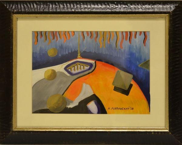 Anton Michajlovic Lavinskij  (Novosibirsk 1895 - Irkutsk 1968)                                            COMPOSIZIONE ASTRATTA                                                        tempera su carta, cm 22x31                                                   firmato e datato                                                                                                                                   eseguito nel 1928