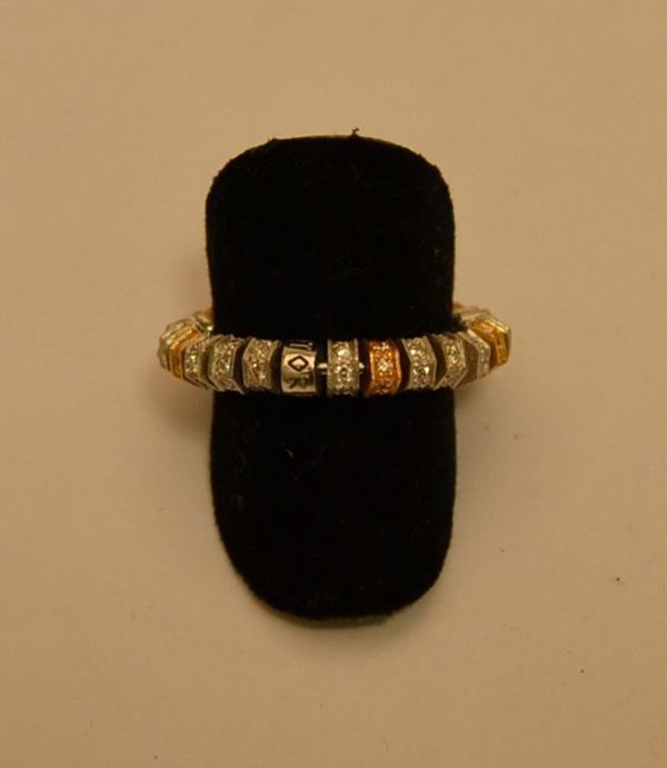 Anello in oro bianco e rosso, ROUDND PASSION, lavorato a sferette, con diamanti, g 5,3