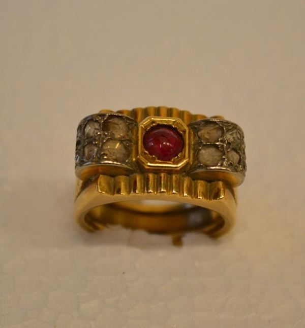 Anello a fascia in oro giallo con piccolo                             rubino e brillantini, g 7