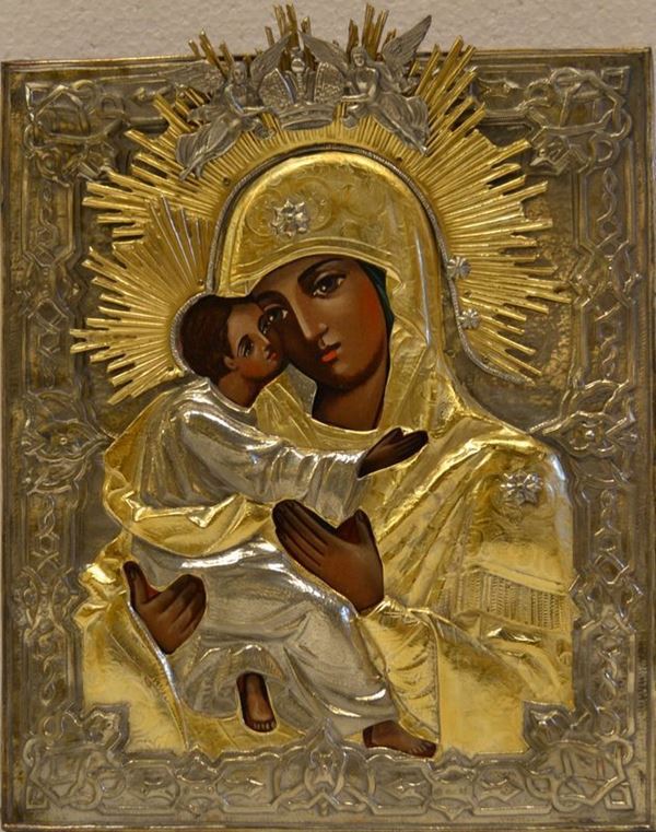 Icona, sec. XX, Madonna con Bambino, con riza in argento sterling, cm       26x22