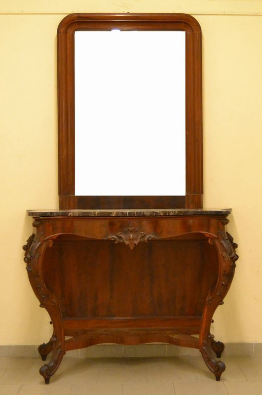 Consolle con specchiera, Luigi Filippo sec. XIX, in mogano, con gambe sagomate e intagliate, piano di marmo sagomato e sottopiano, cm 140x65x235