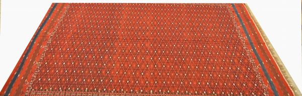 Tappeto Kilim, fondo rosso-blu a disegni geometrici, cm 399x241