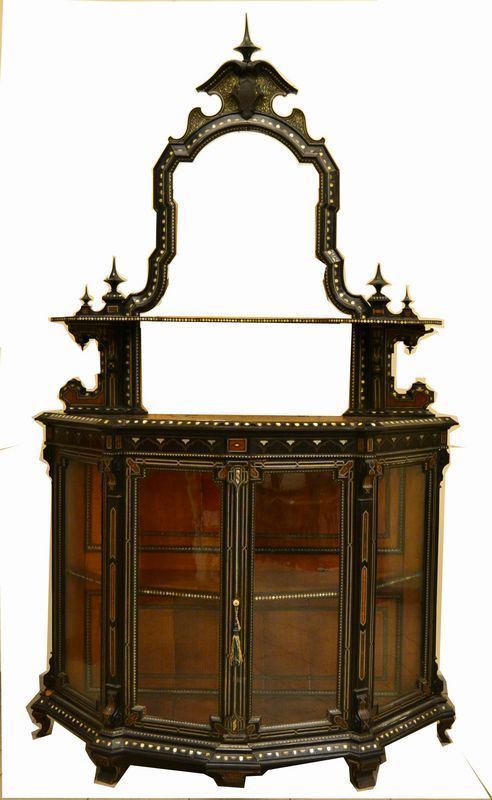 Vetrina, Francia sec. XIX, in legno ebanizzato e intarsiato in madreperla, due sportelli e alzata con specchiera, cm 143x50x253