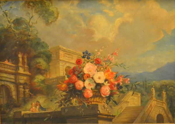 Scuola Italiana, sec XIX  PAESAGGIO CON ARCHITETTURE  olio su tela, cm 65x92