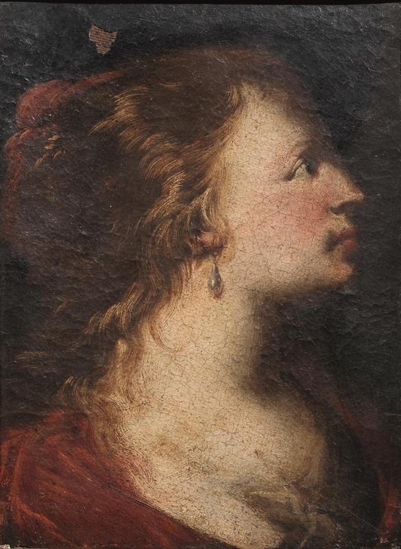 Scuola genovese, sec. XVII                                                   VOLTO MULIEBRE                                                               olio su tela, cm 31x23,5                                                     ridotto ai margini