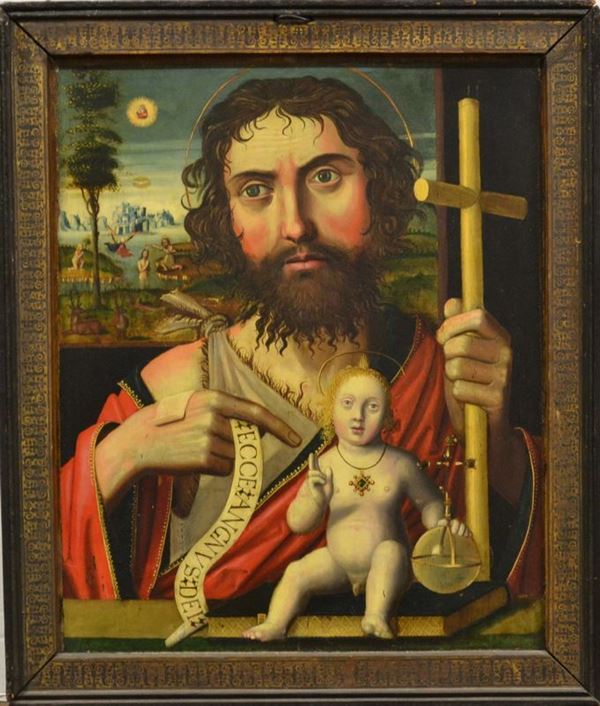 Scuola spagnola, sec. XVI                                                    SAN GIOVANNI BATTISTA CON GESU BAMBINO                                       olio su tavola, cm 54x45                                     restauri