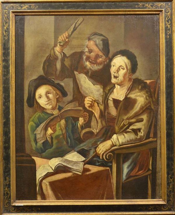 Giacomo Francesco Cipper, detto Todeschini     (attivo nel bergamasco e nel bresciano nella prima metÃ  del XVIII secolo)    DUE VECCHI POPOLANI E BAMBINO CHE CANTANO         olio su tela, cm 113,5x89               svelature e alcuni restauri                                    cfr.: M.S. Proni, Giacomo Francesco Cipper detto Todeschini,                Soncino-Cremona, 1994