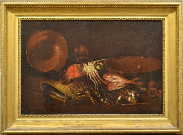 Attribuito a Giuseppe Recco                                                 (Napoli 1634  Alicante 11695)     NATURA MORTA CON PESCI E ARAGOSTA       olio su tela, cm 65x96         cfr.: L. Salerno, La natura morta italiana. 1560-1805, Roma 1984, pp.       211-219, figg. 52.1-52.11;                                                  AA.VV., La natura morta in Italia, Milano 1989, vol. II, pp. 903-911;       fig. 1093, p. 907.