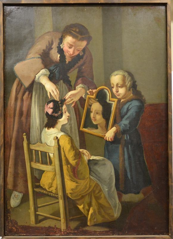 Scuola bergamasca, sec. XVIII  L'ACCONCIATURA DEI CAPELLI    olio su tela, cm 143,5x101,5                                                 danni e restauri