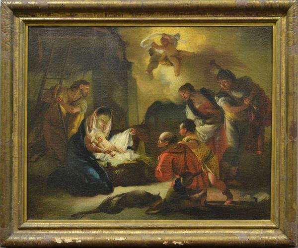 Scuola napoletana, sec. XVII   ADORAZIONE DEI PASTORI  olio su tela, cm 63x81