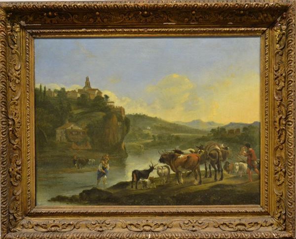 Attribuito a Jan Asselijn      (Amsterdam 1610 o 1615-1652 o 1660)                                          ANIMALI AL GUADO CON PASTORI                                                 olio su tela, cm 50x65