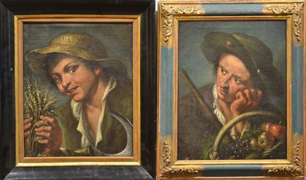 Pittori veneti nella cerchia di Domenico e Francesco Maggiotto, sec. XVIII   GIOVANE CON CAPPELLO E CESTO DI FRUTTA (AUTUNNO)                             GIOVINETTO CON IN MANO UN FASCIO DI SPIGHE (ESTATE)                          due di dipinti ad olio su tela, cm 46x35 ciascuno                           (2)                                                                                                                                                     l'esecuzione dei dipinti Ã¨ riferibile a due personalitÃ  distinte, entrambe  appartenenti alla cultura figurativa veneta