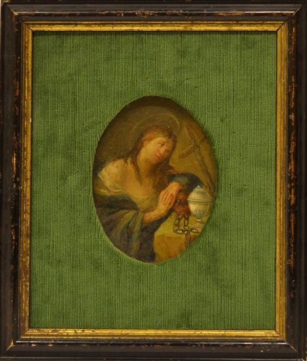 Scuola Emiliana, sec. XVIII MADDALENA PENITENTE                             olio su metallo ovale, 13,5x10