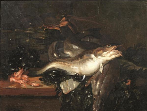 Dominique Hubert Rozier (Parigi 1840 - 1901)      NATURA MORTA CON PESCI, GAMBERI E CROSTACEI   olio su tela, cm 65,5x81                                                     firmato