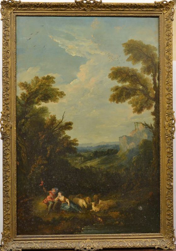 Scuola francese, sec. XVIII       PASTORELLI E GREGGE IN UN PAESAGGIO                                          olio su tela, cm 123,5x81      