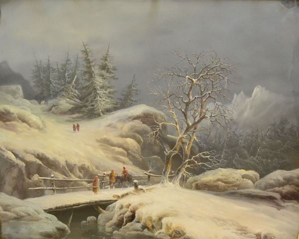 Scuola Italiana, sec. XIX  PAESAGGIO INNEVATO CON VIANDANTI  gouache, cm 73x60