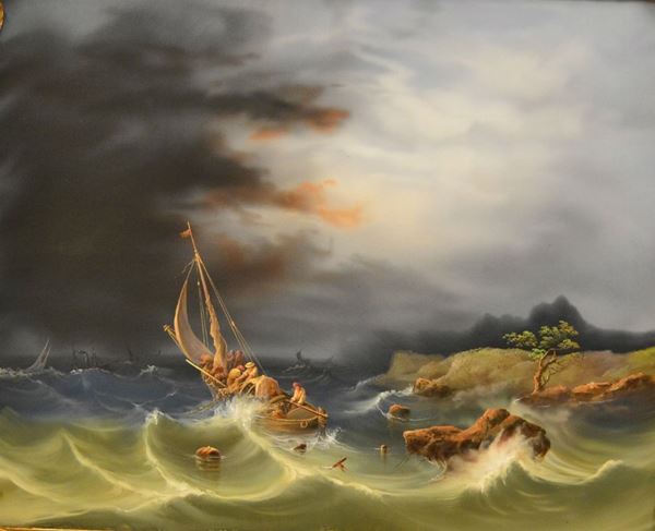 Scuola Italiana, sec. XIX  MARE IN TEMPESTA CON BARCHE  gouache, cm73x60