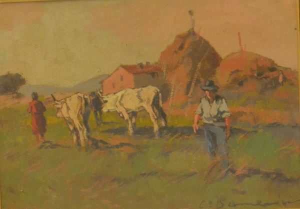Carlo Domenici ( Livorno 1898-Portoferraio 1981 )  LAVORO NEI CAMPI  olio su tavoletta, cm 35x24