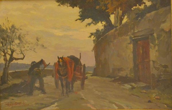 Aldo Affortunati ( Castelnuovo Garfagnana 1906-1991 )  CONTADINO AL LAVORO olio su tela, cm 31x20