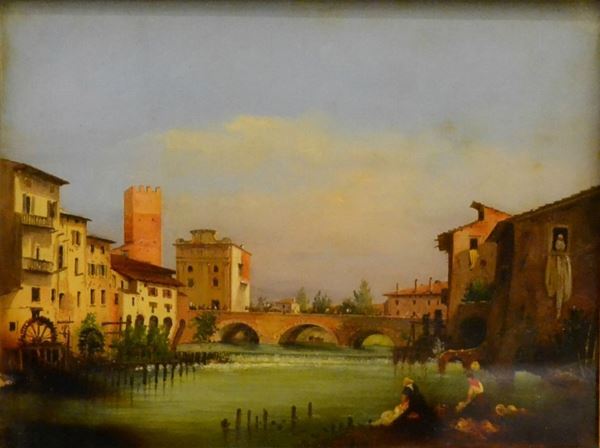 Scuola Italiana, sec. XIX PAESAGGIO FLUVIALE  olio su tela applicata su vetro, cm 20x18