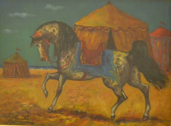 Giovan Francesco Gonzaga ( Milano 1921-2007 )  I CORSARI DI BEJ  olio su tela, cm 30x40
