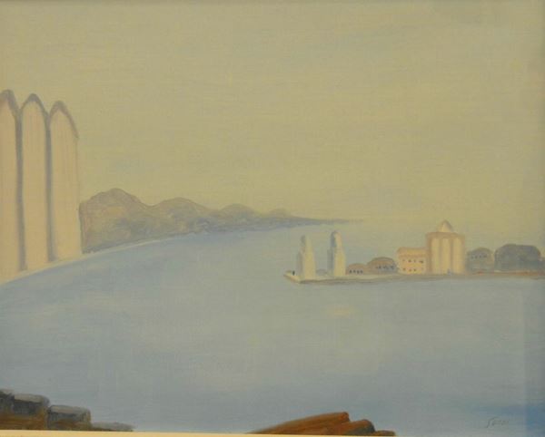 Virgilio Guidi ( Roma 1891-Venezia 1984 )  SAN GIORGIO A VENEZIA  olio su tela, datato 1980, cm 40x50