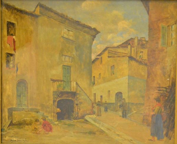 Gino Tommasi ( 1880-1942 )  VITE DI PAESE  olio su cartone, cm 44x50