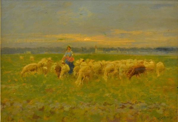 Carlo Passigli ( Firenze 1881-1953 )  PASTORELLA olio su tavoletta, cm 35x50
